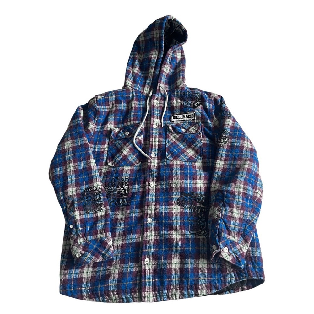 KILLER ACID Hoodie Mens Small Flannel Jacket Quilted Lined Full Button Skater